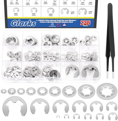 Glarks 237pcs 304 Acero Inoxidable Diente Interno Star Lock Arandelas y E-Clip Halteringe Kit Incluye 100 piezas 9 tamaños de presión en arandelas de bloqueo y 136pcs 12 tamaños E-Ring Circlip Anillos