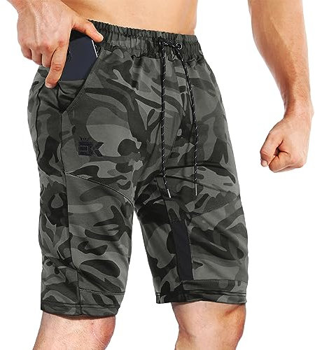 BROKIG Gym Shorts Herren Baumwolle Fitness Sport Shorts Herren Kurze Hose mit Taschen (Tarnfarbe grün,M)