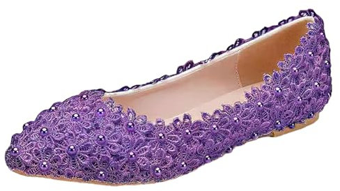 Jamron Donna Elegante Fiore Pizzo Perle Scarpe da Sposa Pumps Suola Morbida Ballerine a Punta Viola SN070435 EU37.5