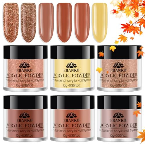 EBANKU 6PCS Brown, Yellow Acrylic Nail Powder Set, Professional, Long-Lasting, No Nail Lamp Needed
