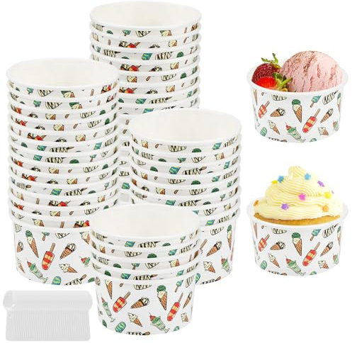 Kleemeiero 50PCS Bols de Crème Glacée en Papier 125ML Gobelets à Glace Gobelets en Papier à Dessert Coupe Glacée Tasses Bols à Glace avec Cuillères Coupes à Glace en Carton pour Dessert, Glace,Yaourt