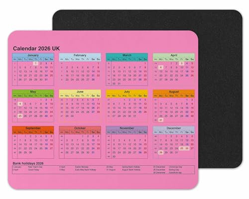 Vixar Calendar 2026 Mouse mat pad for UK with Holiday Non Slip PC Desktop Laptop for office school work home (Pink)