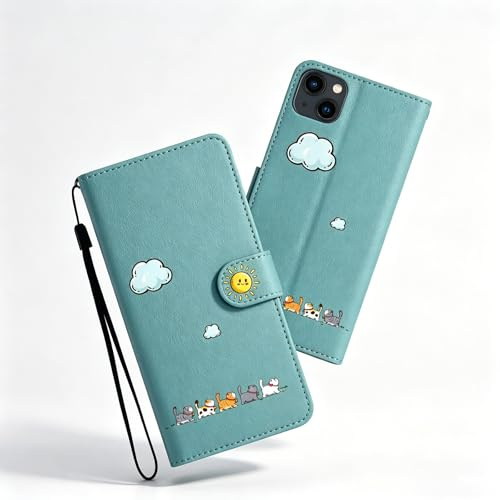 Nbziyoo Cute Cats Wallte Flip Phone Case For iPhone 15,Green | Flip Wallet Cover, Cute Cat, Card Slots, Magnetic Closure, PU Leather,Shockproof, Kickstand,for Women and Men