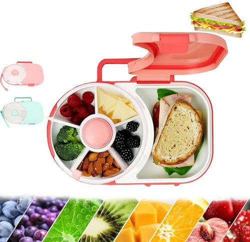 Lonchera giratoria reutilizable, portátil, giratoria, 5 compartimentos pequeños + 1 grande, paquete de caja de aperitivos con correa de mano, contenedor de aperitivos a prueba de humedad