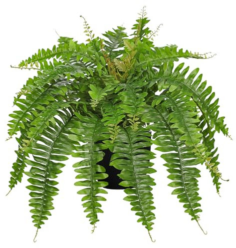 Hollyone Groß Künstlicher Boston Farn Topfpflanze, 65cm Kunstfarn Büsche in Schwarzem Topf, Grün Künstliche Farn Pflanzen für Innen Außen, Haus Dekoration, Garten Terrasse Balkon Büro Dekorationen
