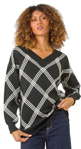 Roman Originals Grid Pattern V-Neck Knit Jumper for Women UK - Ladies Everyday Autumn Winter Round Neckline Comfy Soft Evening Vacation Work Party Night Out - Noir - Size 12
