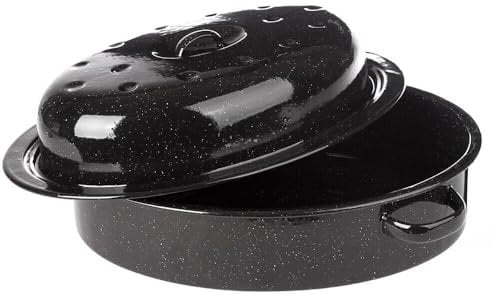 30cm Oval Black Speckled Self Basting Enamel Casserole Dish Roaster and Lid