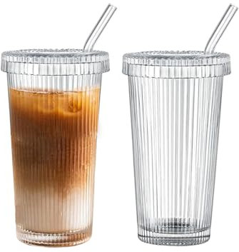Henrrida Pack of 2 12.5 OZ Glass Cups with Lids and Straws,Belt Glass Straws,Coffee Travel Mug,Vertical Stripes Iced Coffee,Suitable for Hot and Cold Drinks 380 ml
