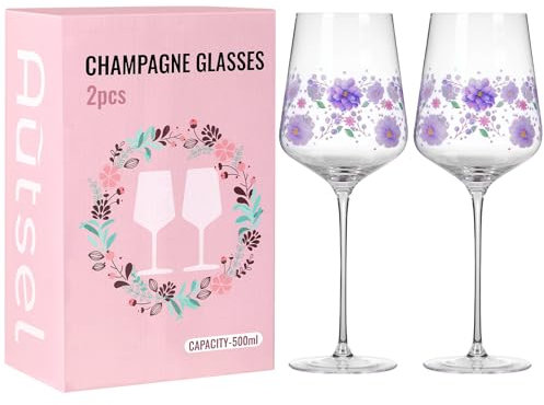 Autsl Pack 2 Copas de Vino Personalizadas | 500ml Copa de Cristal | Estuche de Regalo Incluido | Copas Vino Cristal Con Motivi Art