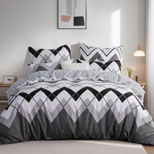 Tifschlaf Bettwäsche 200x200 3 Teilig, Chevron Bettbezug 200x200cm mit 2 Kissenbezüge 80x80 cm, ÖKO-TEX Mikrofaser Bettwäsche-Sets Geometrisch Muster, Weich & Bügelfrei mit Reißverschluss