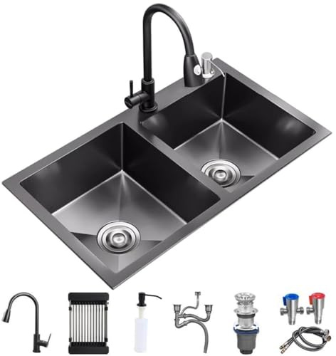 Fregadero de cocina de acero inoxidable con grifo extraíble, fregadero multifuncional con juego completo de accesorios, color negro, 80 x 45 x 21 cm, perfecto para cocinas modernas.