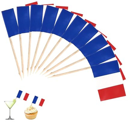 100 Stück Frankreich Zahnstocher Flaggen,Frankreich Deko,Frankreich Flagge Stick,Französische Deko Fahne Mini Cupcake Topper,Zahnstocher mit Fähnchen,Cocktail Party Pub Dekoration für Fußball EM WM
