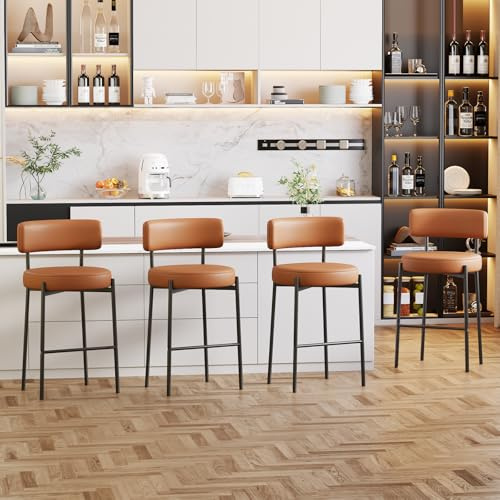 Ckaff Barhocker 4er Set, 63.5cm Sitzhöhe Barstuhl Küchenstuhl aus PU-Leder, Tresenhocker Bistrohocker Mit Rückenlehne, Gepolsterte Küchenhocker Esszimmerstuhl für Kücheninsel, Bar, Esszimmer, Braun