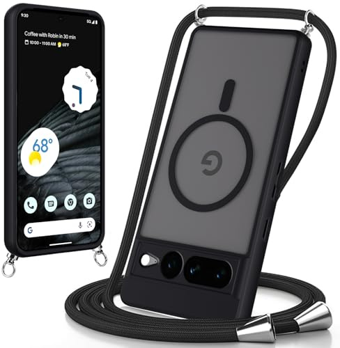 Coiwxmoi Magnetisch Handyband Hülle mit Band für Google Pixel 7 Pro, [Kompatibel mit Magsafe] Necklace Handyhülle, Matt Transluzente PC + TPU Stoßfest Case mit Abnehmbar Kordel zum Umhängen, Schwarz