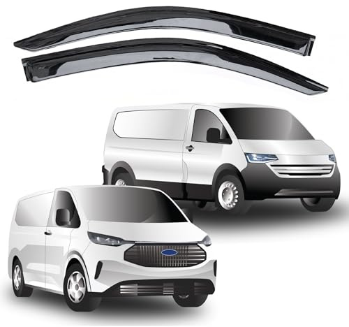 Passend für: Ford Transit Custom 2023+ Windabweiser & VW Transporter T7 (2025+) Scheibenabweiser – 2-teiliges externes Set, getönt, Premium-Aufklebe-Windabweiser für Fahrer und Beifahrer, Reduzierung