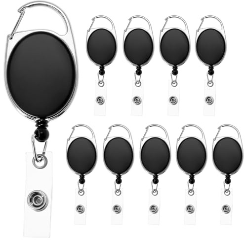 QWORK® Lot de 10 Noir enrouleur badge, cordon extensible de 60 cm avec boucles en plastique, idéal pour badges d'identification, clés et événements