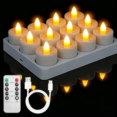 12 Bougies Chauffe-plat LED Rechargeables avec Télécommande & Minuterie, Flamme Vacillante ou Lumière Continue, Bougies LED Électriques Autonomie 18–48h, Pour Noël, Dîner et Soirées