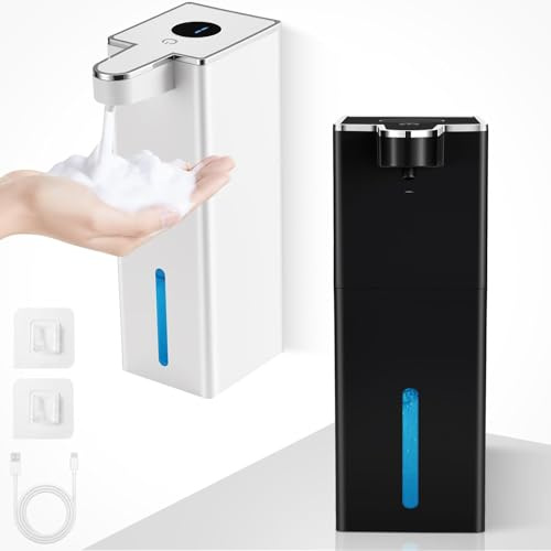2 Pack Automatic Foaming Soap Dispenser, 440ml Wall Mount Touchless 4 Gear Adjustable Electric Soap Dispenser, USB Rechargeable 1800 mAh for Kitchen and Bathroom (White+Black)