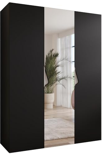MEBLE KRYSPOL - Kleiderschrank - Garderobenschrank - 150 cm x 202 x 52 cm - Schrank mit Kleiderstange und Spiegel, 3 Türen - für Schlafzimmer, Flur - SANDI, Schwarz, Griff Kaschmir