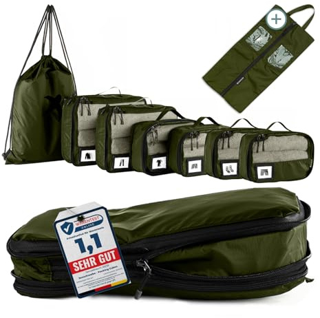 SEESCHWALBE Packing Cubes mit Kompression für Koffer und Rucksack inkl. Packbeutel und Schuhbeutel (8-teilig, olivgrün)