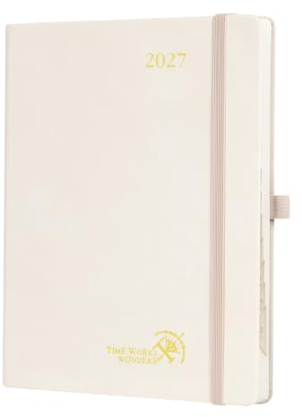 POPRUN Kalender 2027 Wochenplaner mit Notizen ca.A5(21,8 x 16,4cm) PU-Leder | Terminplaner,(Jan.2027-Dez.2027),Planer 1 Woche 1 Seite,gebundene Ausgabe,100 GSM Papier,Stiftschlaufe(Beige)