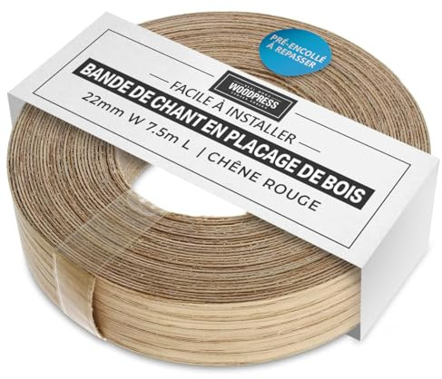 WoodPress® 22 mm Bois de Chêne Rouge Véritable Bande de Chant en Placage Préencollé – Rouleau de 7,5 m – Application à Repasser Facile à Faire soi-même, Couvre Le Bord d'un Panneau MDF Standard