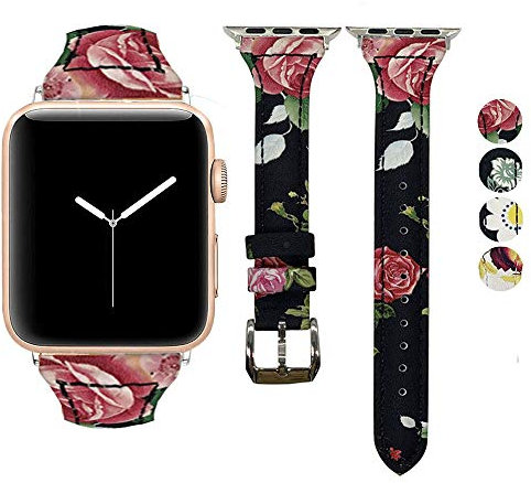 DEALELE Compatible for Watch Band 38mm 42mm 40mm 44mm, Exquisite Painted Genuine Leather Replacement Strap for Apple Watch Series 4/3 / 2/1 Women Men (Red rose, 42/44mm)