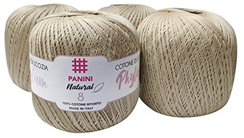 Panini Tessuti Phylum Titolo 8 confezione da n.4 Gomitoli da 100 gr cad. di Filo da Ricamo per Uncinetto in 100% Cotone ritorto Made in Italy