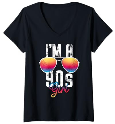 Damen 90er Jahre Party Outfit Damen I'm a 90s Girl Retro Farben T-Shirt mit V-Ausschnitt