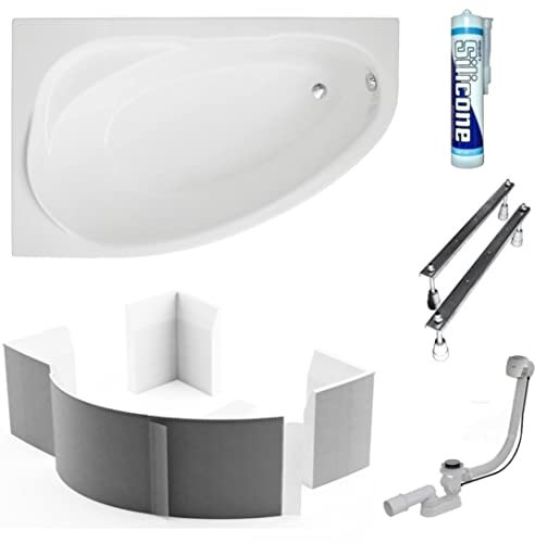 ECOLAM® Badewanne Wanne Eckwanne Eckbadewanne Acryl weiß Marea Polimat 150x100 cm LINKS + Wannenträger Ablaufgarnitur Ab- und Überlauf Automatik Füße Silikon Komplett-Set