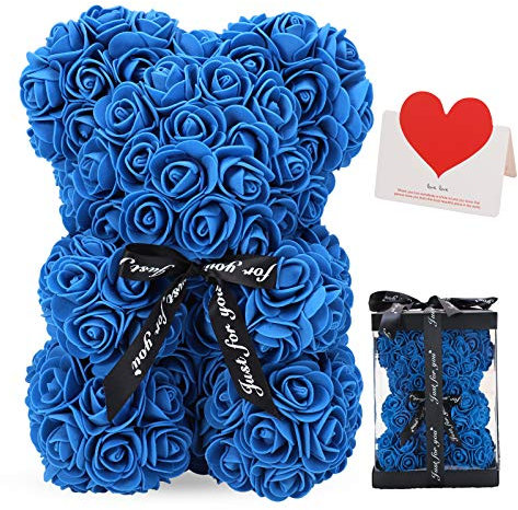 Rosenbär, Rose Teddybär, 25.4 cm, Dutzend Blumen, künstliche Pflanzen, Dekoration, Geschenk für Valentinstag, Muttertag, Weihnachten, Party, Dekorationen mit transparenter Geschenkbox (02 Blau)