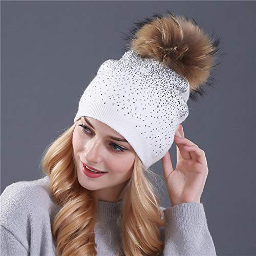 HAIBI Winter Mütze Mütze Caps Faux Kaninchen Pelz Wolle Gestrickte Mütze Das Weibchen des Nerz Pom Pom Glänzende Strass Hüte Für Damen, Nerz Weiß