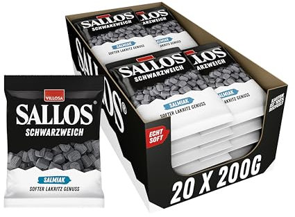 SALLOS Schwarzweich Salmiak Vorrats-Pack – Lakritz mit Salmiak-Salz, aus natürlichem Süßholzsaft, würziges Salzlakritz, vegan, im Vorrats-Pack, 20 x 200 g