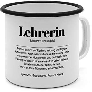 Emaille-Tasse mit Definition Lehrerin - Tasse mit Spruch, Wörterbuchtasse, Geschenktasse, witzig, Kaffeebecher, Becher, Tasse, Becher - Farbe Weiß/Schwarz