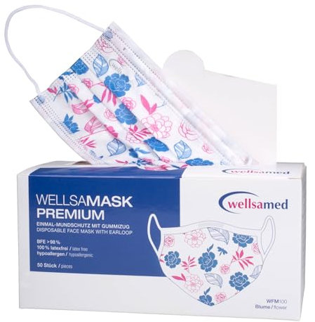 Wellsamed Wellsamask 50 Stück medizinischer Mundschutz Type IIR mit Gummizug, mit Blumen Motiv