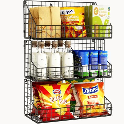 X-cosrack 3 Tier Large Stackable Snack Organizer - Versatile Wall Mounted Wire Storage Basket with Divider for Candy Chip Cans Bars - Ideal for Pantry Office Home