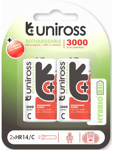 Uniross Hybrio C HR14 NIMH 3000 Series Rechargeable Batteries 1.2 V 2900 mAh Long Life Pre-Charged