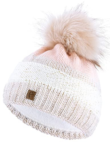 Faera Mütze Damen Wintermütze Pailletten gefüttert mit Fleecefutter Winter Herbst Bommelmütze Beanie Mädchen 74