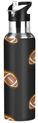 Vnurnrn Sport Flame American Football Rugby Insulated Water Bottle with Straw Sport Stainless Steel Vacuum Flask BPA Free Travel Mug