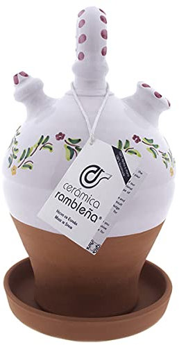 CERÁMICA RAMBLEÑA | Botijo de Barro Rojo | Botijo Decorado asa Redonda Base Vuelta Cenefa Verde-Rosa - Modelo D08 de La Rambla (Córdoba) | 100% Hecho a Mano | 3.5 litros | Eco | Plato Incluido