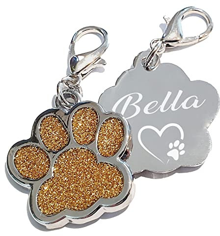 Edelstahl Hundemarke mit Gravur Glitzerpfote Plakette graviert Name Telefonnummer Adressanhänger personalisiert dog tag für Hunde oder Katzen (gold), 27x29x2,20 mm (ca. 2 Euro Münze)