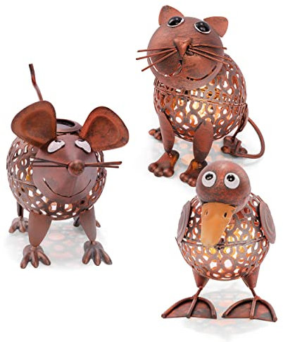 Esotec Solar LED-Gartenfiguren Streichelzoo | Dekofiguren Vogel Katze Maus AKKU | Gartendeko Balkondeko Gartenbeleuchtung Solarfigur Gartenzwerg Terrassendeko Outdoor Metall Kupfer 103106