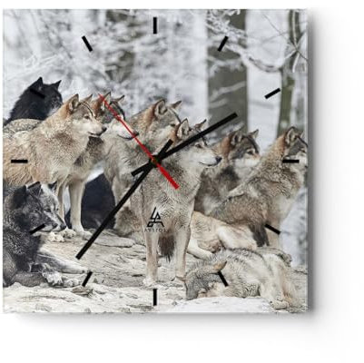Modern Wanduhr Rudel Wölfe Winter 40x40cm Quadrat Groß Wand Uhr Glas Analog Zimmeruhren Küche Büro Wohnzimmer Glasuhr Wall Clock Dekoration Design Wanddekoration Küchenuhr C3AC40x40-4357