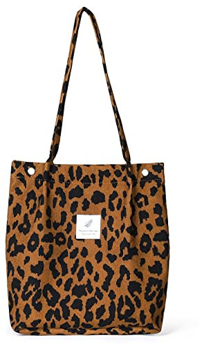 Etercycle Cord Umhängetasche Damen, Schultertasche Groß Cord Tasche Lässige Tote Handtasche Fashion Stofftasche für Alltag, Büro, Schulausflug und Einkauf - Leopard