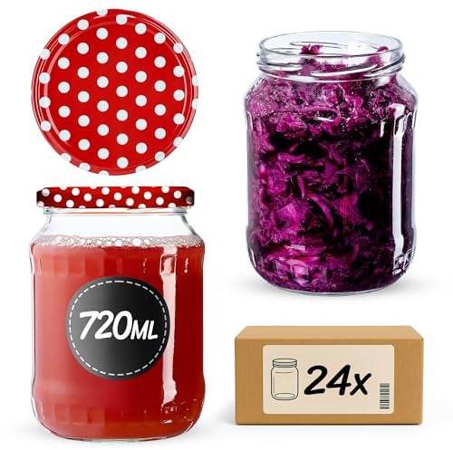 KADAX 24st Einmachgläser 720 ml, ideal zum Einkochen und Aufbewahren, Gläser mit Schraubverschluss, Einkochgläser mit Schraubdeckel, Twist Off to 82, Vorratsgläser zum Einlegen (Rot gepunktet)