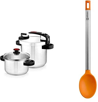 BRA Tekna Set de Ollas a Presión Rápida, Acero Inoxidable, Gris, 24 cm, 7+4 litros & Efficient Cuchara de Cocina, Acero INOX, Nailon y Silicona, Naranja, 35 cm