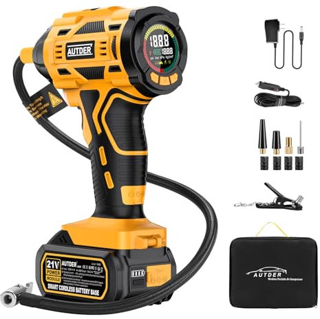AUTDER Compresseur d'air portable, Gonfleur de pneus sans fil 180 PSI avec Deux Sources d'alimentation, Batterie 21V / 12V DC, Manomètre numérique, Arrêt automatique (Jaune-Noir)