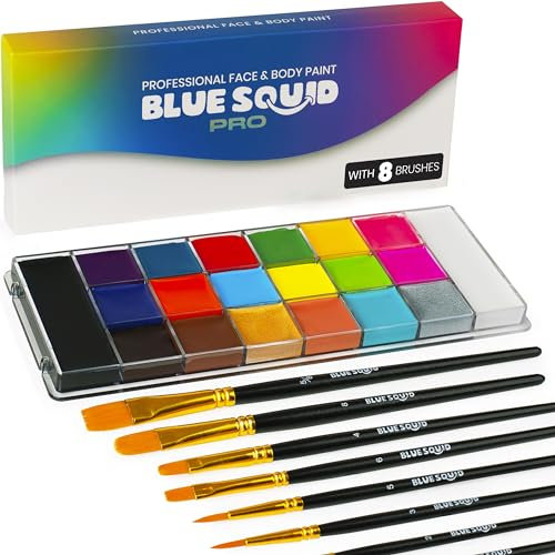Kit de peinture professionnelle pour le visage – Blue Squid PRO 20 x 10 g, palette de couleurs classique avec pinceaux, fournitures professionnelles de peinture pour le visage et le corps SFX