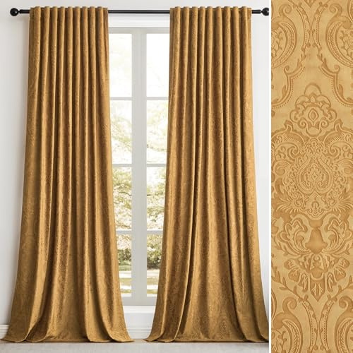 GIGIZAZA Velvet Curtains 96 Inch Long 2 Panels, Brown Gold Vintage Drapes Floral Embossed Blackout Window Curtain for Living Room Back Tab Thermal for Bedroom