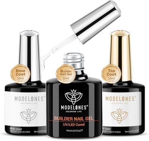 Modelones Builder Gel with Base and Top Coat Set, 3Pcs No Wipe Base and Top Coat Gel Nail Polish with Gel Builder for Nails, Transparent Builder Strengthener Hard Gel Builder Gel in a Bottle 10ML